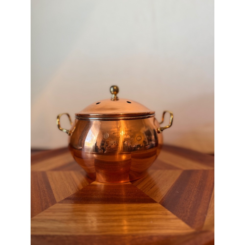 Vintage Copper coated Pot with Brass Handles and Vented Lid Polished Decorative